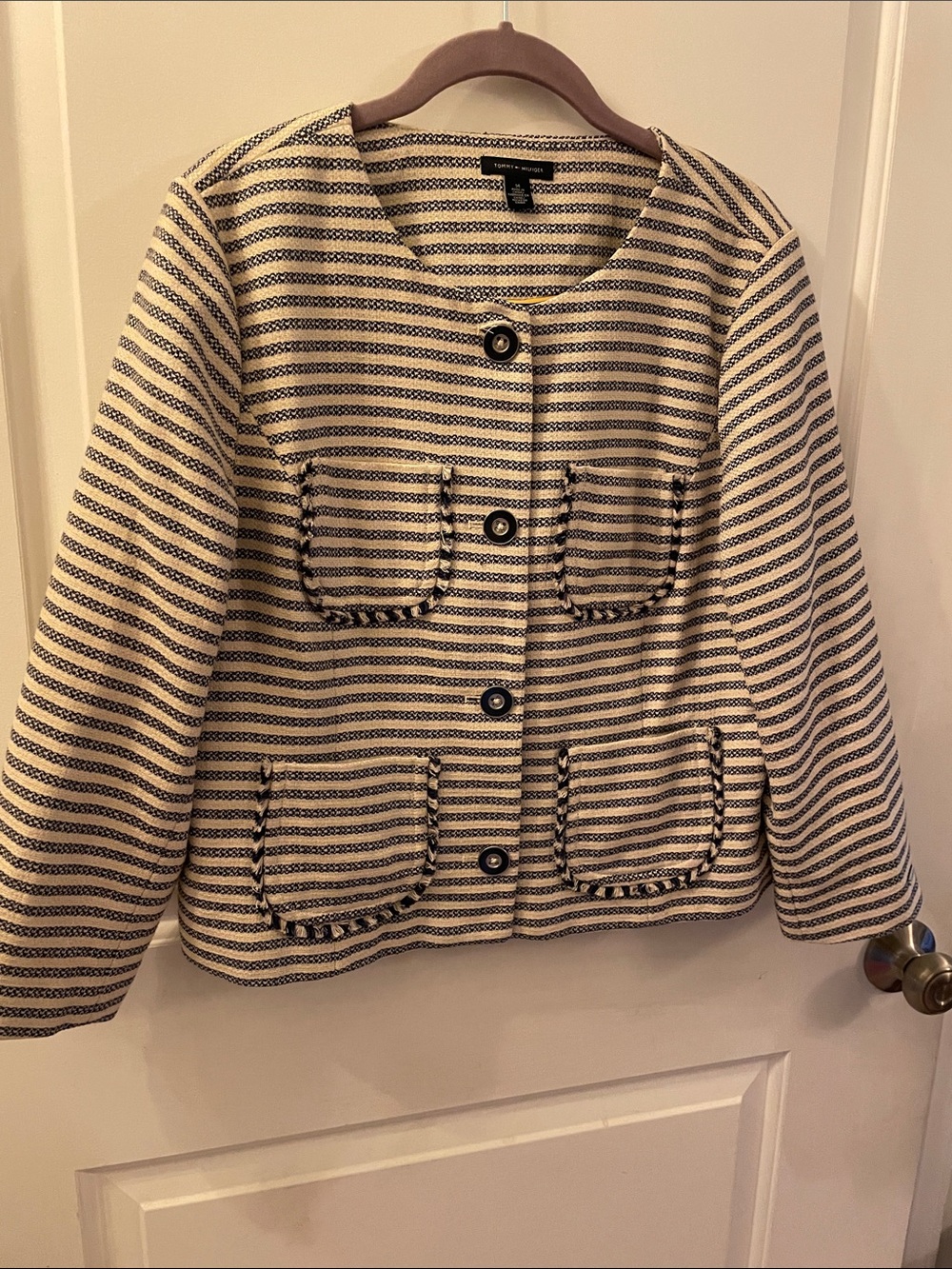 Tommy Hilfiger Cream and Navy Striped Round-Neck Jacket